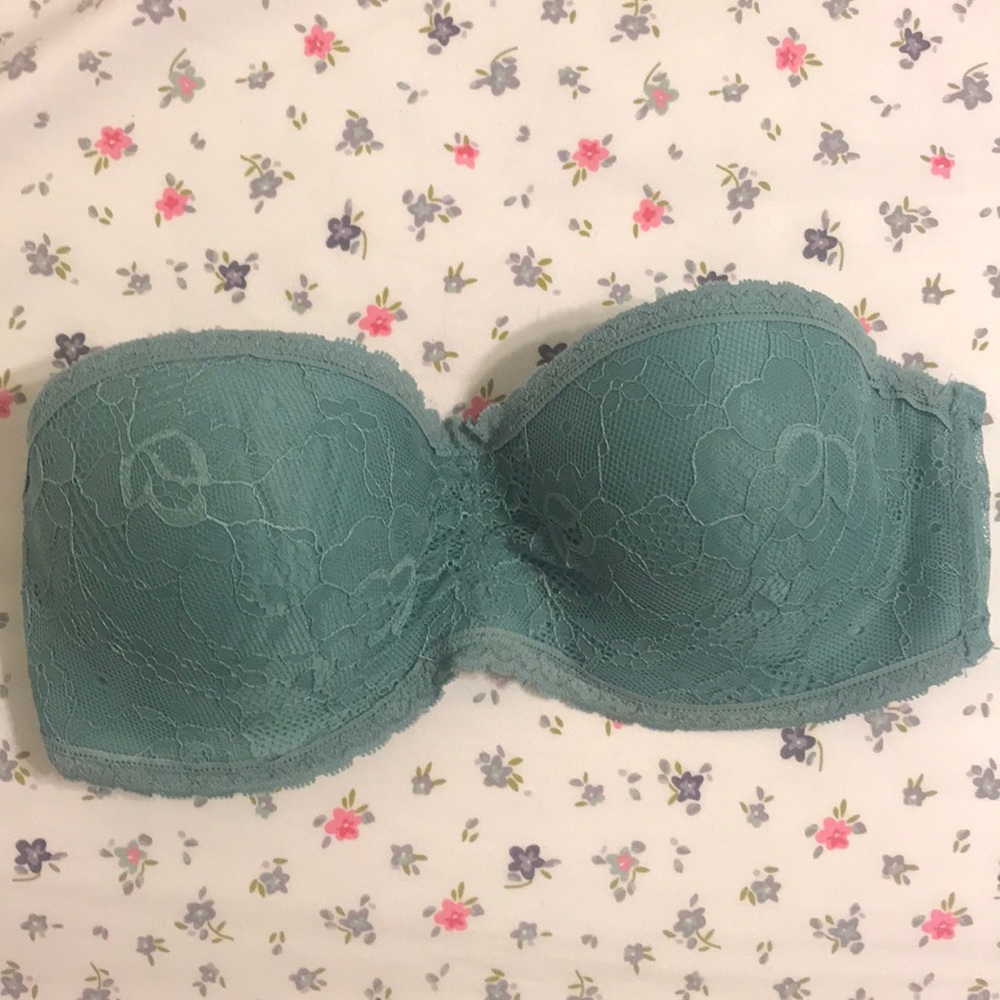 Strapless blue lace bra